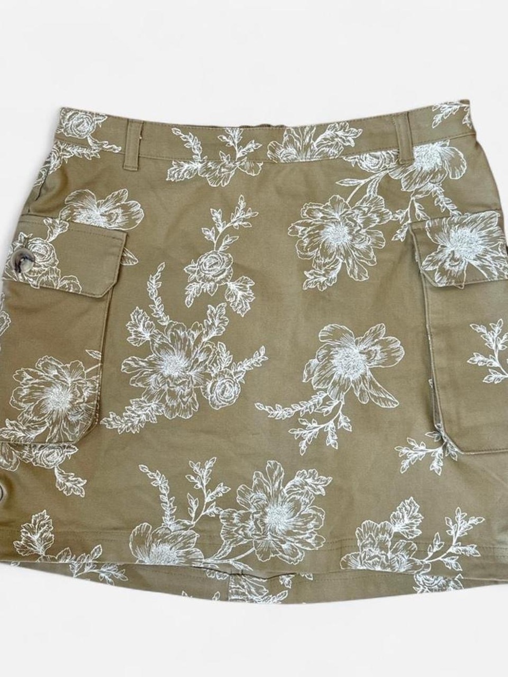 Floral Cargo Mini Skirt - Olive with White Print